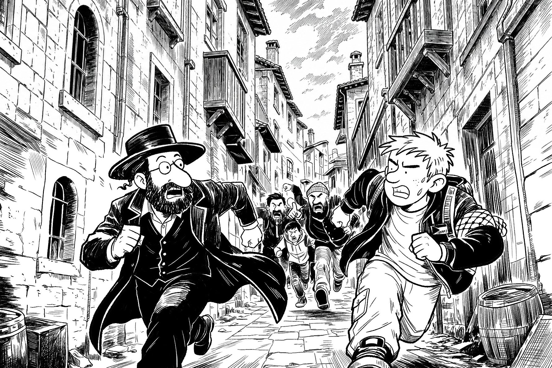 Elijah, a Haredi doctor, and John, a student, running from an angry mob down a narrow alley